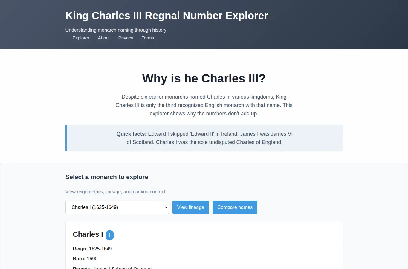Screenshot of King Charles III Regnal Number Explorer interface showing the project page in use